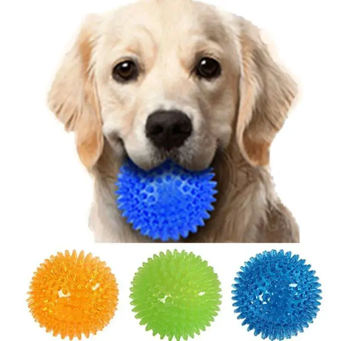 A dog holds a colorful 9876-00b5e7.jpg in its mouth. Below the dog, there are three more spiky balls in orange, green, and blue, perfect for interactive play and promoting dental health.