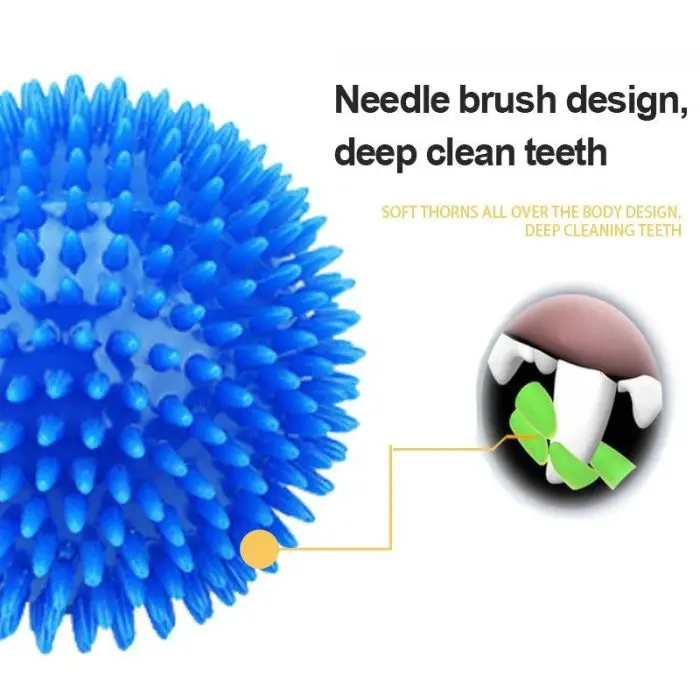 Close-up of a blue spiky ball next to a graphic illustration showing teeth being cleaned by the ball. Text reads: "9876-45a032.jpg, deep clean teeth. Soft thorns all over the body design, promoting dental health through interactive play.