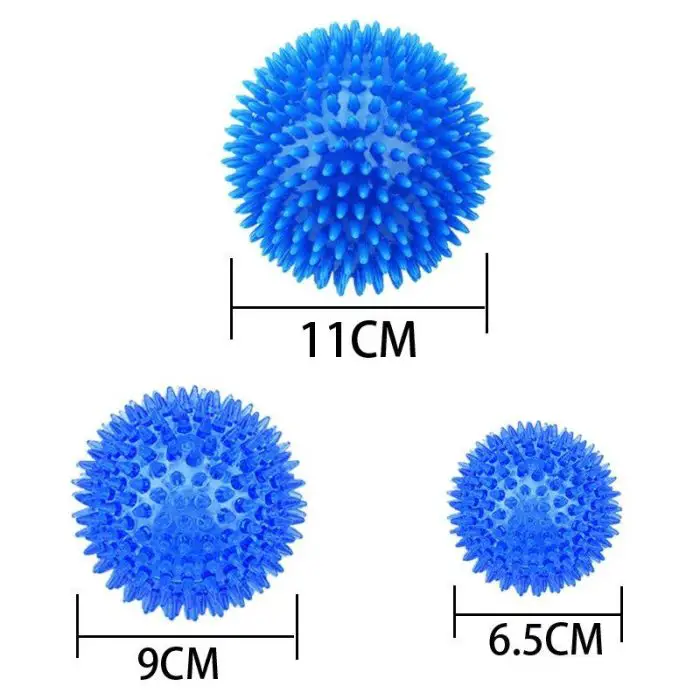 Three blue spiky massage balls of different sizes. The largest is 11 cm, the middle is 9 cm, and the smallest is 6.5 cm. Perfect for interactive play with your pet, these can even double as a squeaky dog ball to enhance both fun and dental health (9876-e8c931.jpg).