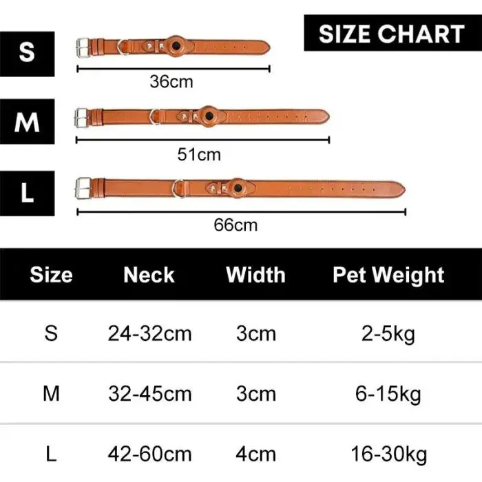 Image of a size chart for an adjustable 9912-7302d0.jpg pet collar. Sizes S, M, and L are shown with neck dimensions of 24-32cm, 32-45cm, and 42-60cm respectively. Each size includes the corresponding width and pet weight range. The collar features a reflective design for added safety.