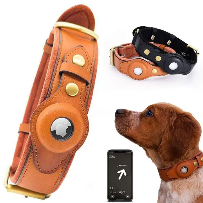 A dog wears an adjustable leather pet collar with a reflective design, equipped with an Apple AirTag holder, shown in both brown and black versions; a smartphone screen displays the 9912-b77ffe.jpg tracking interface.