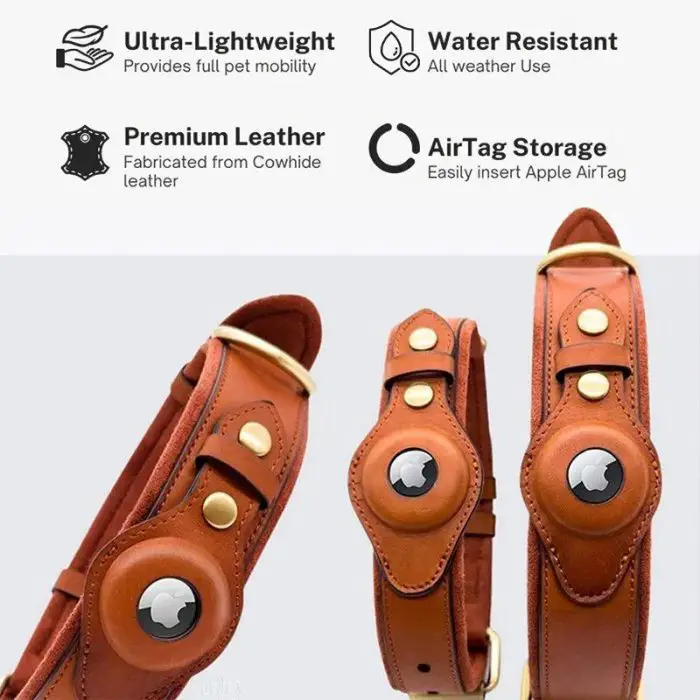 Brown leather pet collar featuring an adjustable AirTag holder with gold accents. Reflective design highlights its ultra-lightweight, water-resistant, and premium cowhide leather qualities. Descriptive icons emphasize these standout features of the 9912-cc1752.jpg.