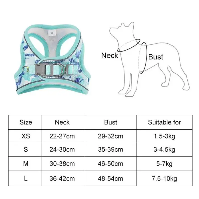 Image showing a 9940-31771c.jpg with a size chart. The chart lists sizes (XS, S, M, L), neck measurements (22-42 cm), bust measurements (29-54 cm), and suitable dog weights (1.5-10 kg). Perfect for your next camouflage pet adventure, this set includes a matching harness leash and poop bag dispenser.