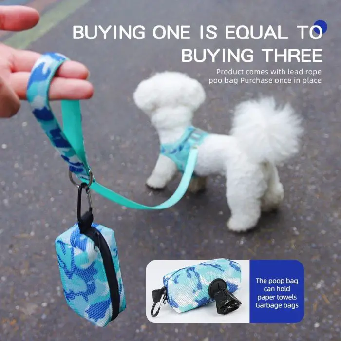 A white dog on a harness leash sports an attached 9940-cb311a.jpg. The text promotes the dispenser as buying one and getting the value of three. An inset highlights that it can store paper towels and garbage bags, perfect for any pet adventure.