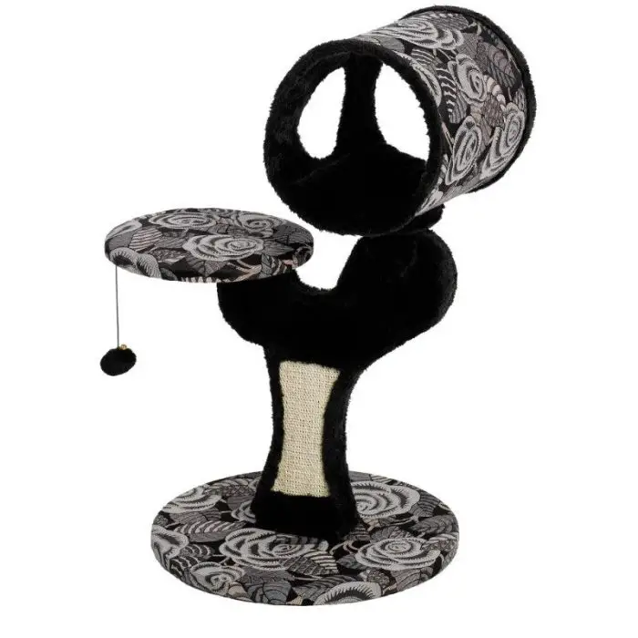 A black and floral-patterned 9963-4b28da.jpg with a circular base, sisal-covered scratch post for endless Feline Fun, a round platform with a hanging toy, and a tunnel at the top.