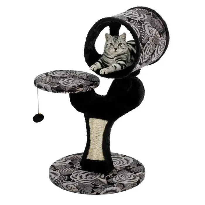 A gray tabby cat sits inside a black and white floral-patterned 9963-581e95.jpg with a circular platform and a scratching post, featuring a dangling toy for endless feline fun.