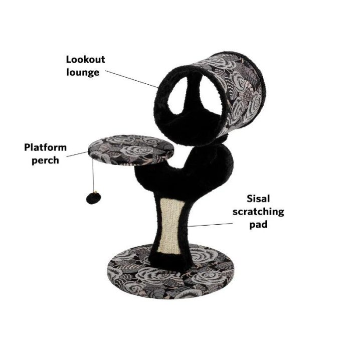 Feline Fun awaits with this cat tree featuring a sisal scratch post, circular platform perch with hanging toy, and a lookout lounge at the top. The design showcases a black and white floral pattern that's sure to delight both you and your feline friend. Product Name: 9963-999b13.jpg