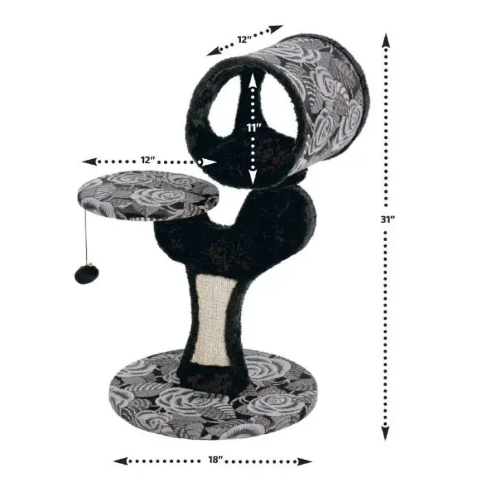 A black and white floral three-tier 9963-f3d0c6.jpg with labeled dimensions: 31 inches tall, an 18-inch wide base, a 12-inch wide perch, and an 11-inch wide tunnel.