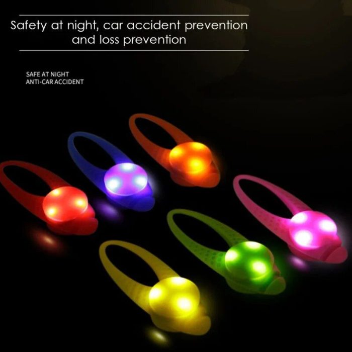 Image showing six colorful 9971-b163c6.jpg for safety at night, ideal for car accident prevention and loss prevention. Perfect as an LED collar or pet dog collar, the lights come in red, blue, orange, yellow, green, and purple.