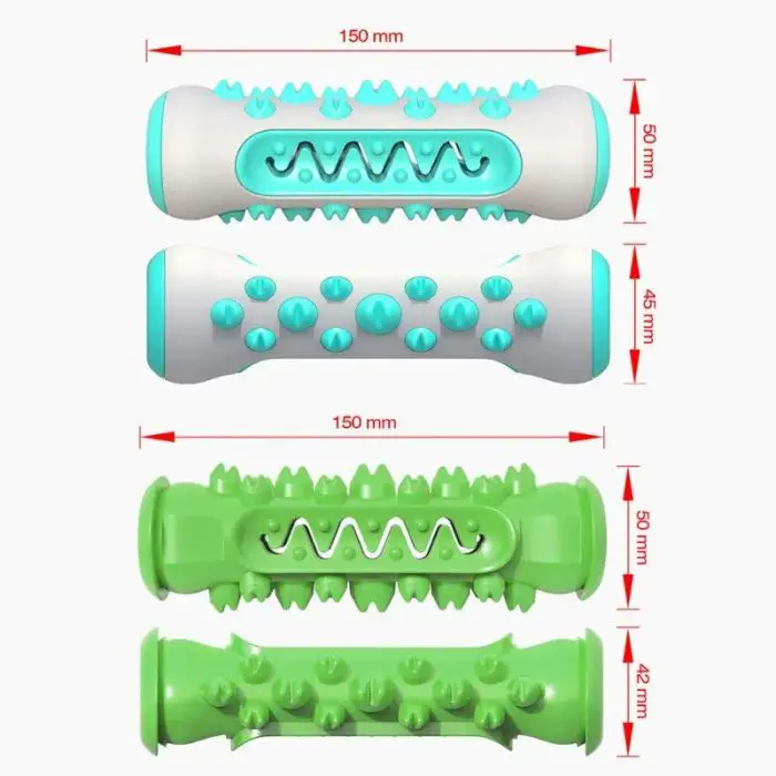 Diagram of 9986-1e22ba.jpg with dimensions. The toys measure 150 mm in length and vary in diameter from 42 mm to 50 mm, featuring different patterns and spikes. Designed for puppies and dogs, these toys also act as a dental health chew, promoting cleaner teeth.