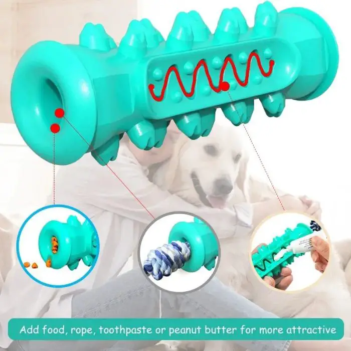 A green 9986-809882.jpg with textured ridges and a hollow center is shown with a dog in the background. Ideal for dental health, it can be filled with food, rope, toothpaste, or peanut butter to make it more attractive for puppies and dogs.