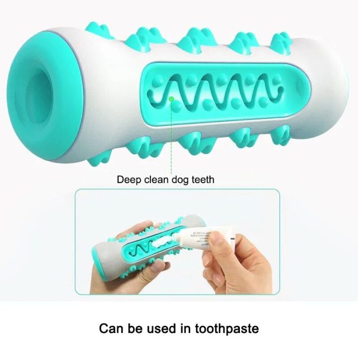 A 9986-908c23.jpg with a blue and white design, featuring grooves for cleaning teeth. Below is an image showing toothpaste being applied to it. Text reads: "Deep clean dog teeth" and "Can be used in toothpaste." Ideal for puppies and dogs, this dental health chew promotes oral hygiene.